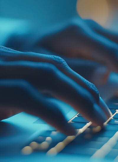 Close-up of hands typing on an illuminated laptop keyboard, sho